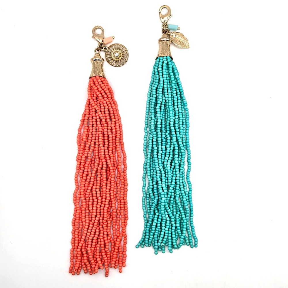 Set of 2 Beaded Tassel Bag Charms Coral & Turquoise Gold Tone Lobster Clasp 6"